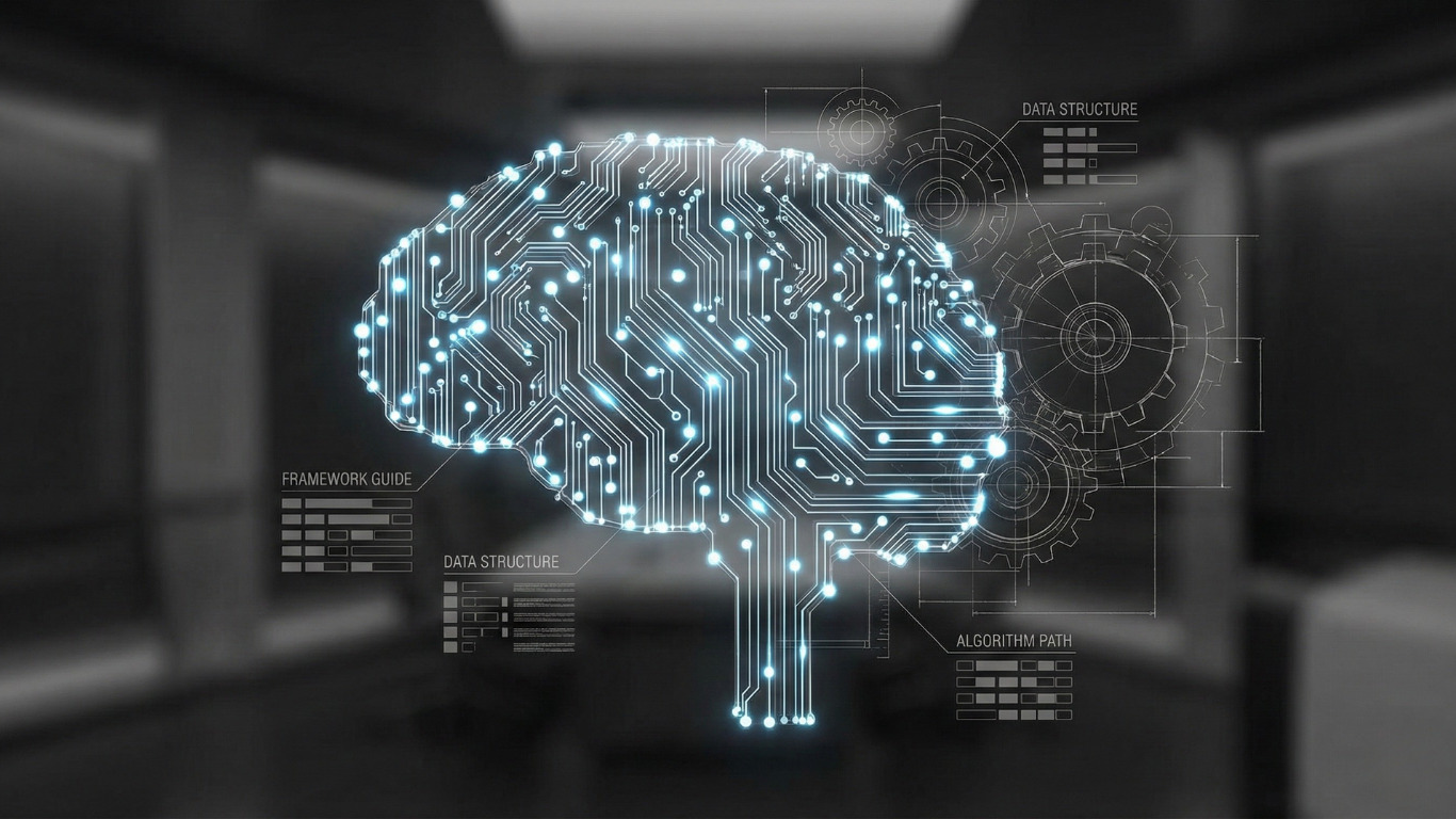 AI represented as a structured, glowing circuit being guided by a human-designed framework blueprint.